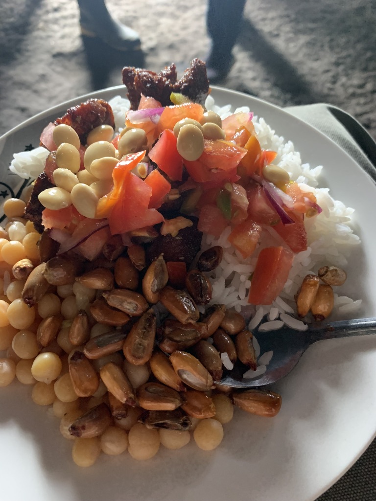A plate of rice, beans, chicharrón, tomato and onion