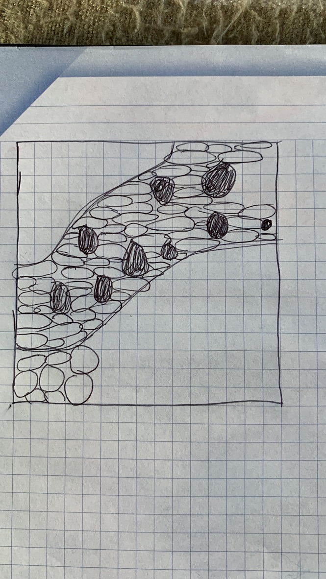 Hand-drawn pen sketch on graph paper showing a river-stone pattern