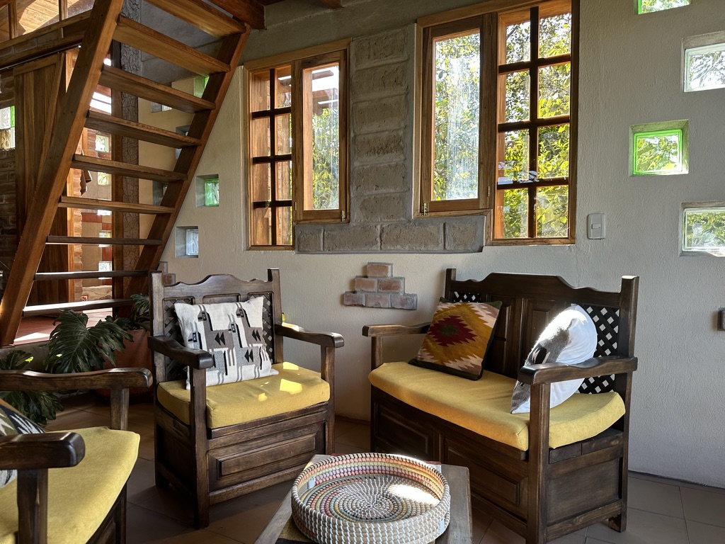 La Casita living space with built-in benches