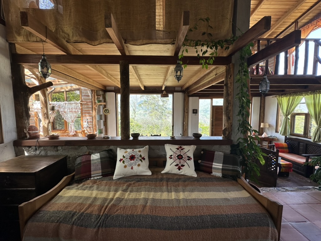 A handbuilt cabin or glamping tent